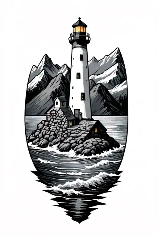 Mountains, lighthouse, sea, Meeple tattoo design idea