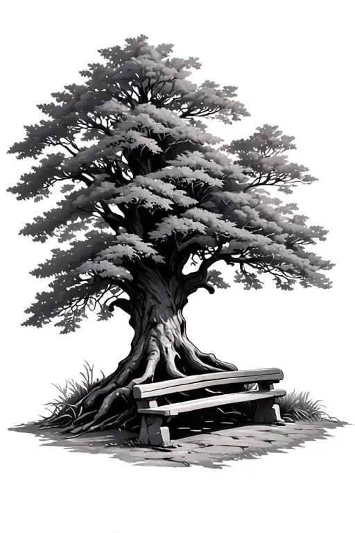 oak tree with stone bench tattoo design idea
