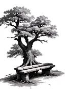 oak tree with stone bench tattoo design idea