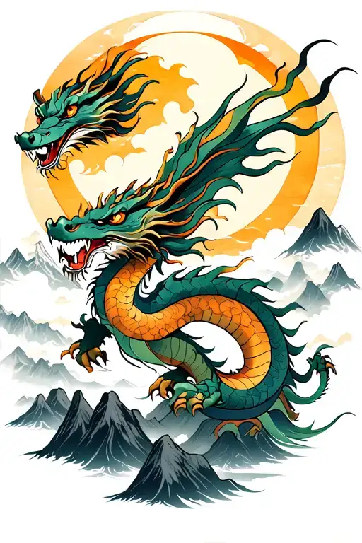 dragon in mountains flying towards the sun tattoo design idea