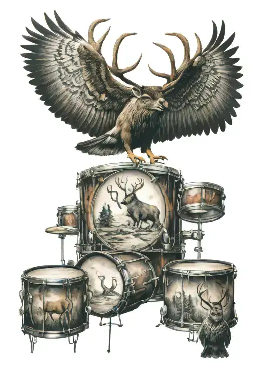 elk and owl and drums and music outdoors  tattoo design idea