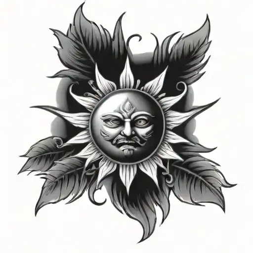 Tattoo on inner surface of palm. Photorealistic medieval style black white sun with angry face. Fancy shading tattoo design idea
