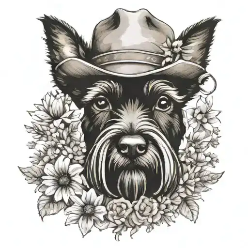 all black schnauzer with cowgirl hat and brown eyes and flowers tattoo design idea