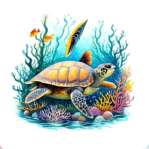 An intricate underwater coral reef scene with a variety of sea creatures, including a majestic sea turtle and colorful fish tattoo design idea