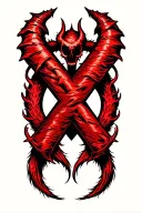 three "x",  center "X" is bigger, and its ends branch out horizontially away from center, one ends w/ devil tail. tattoo design idea