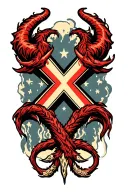 three "x",  center "X" is bigger, and its ends branch out horizontially away from center, one ends w/ devil tail. tattoo design idea