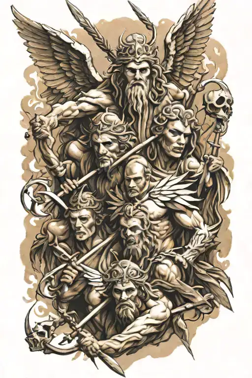 Angels in sepia with spears above piercing the demons with striking features below tattoo design idea