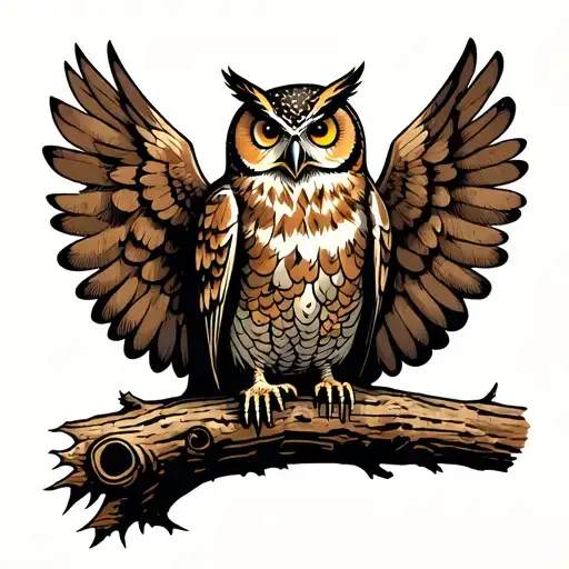 Owl sitting on an old tree, wings spread, forest path in the background tattoo design idea