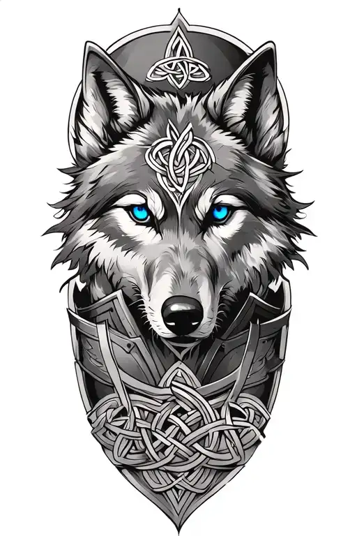 wolf with blue eyes on armor tattoo design featuring Celtic trinity knot  tattoo design idea