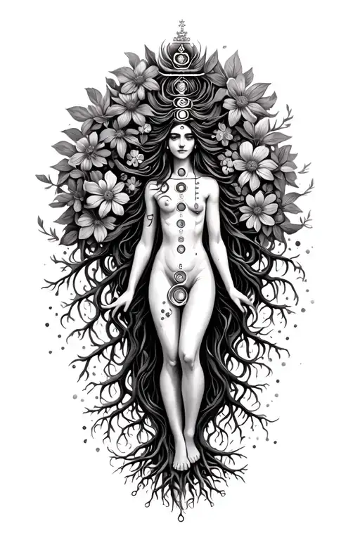 spiritual Woman standing on roots flowers growing out of head om crown with with all 7 sanskirt chakras intertwined  tattoo design idea