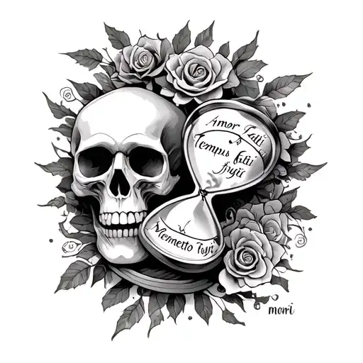 Skull and hour glass with amor Fati, tempus fugit and memento mori written in it tattoo design idea