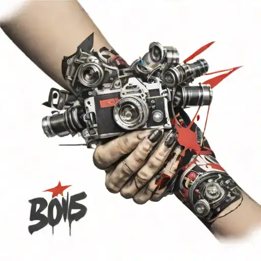 Old film strip wrapping around the hand, wrist, leading up to the forearm. Red and black coloring. Bones in the hand sho tattoo design idea