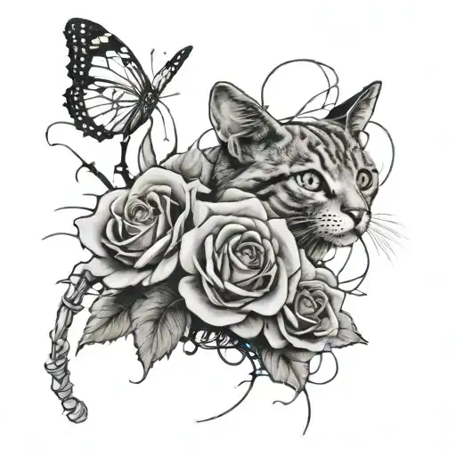 rip mom, roses, barb wire, butterfly, cat looking up tattoo design idea