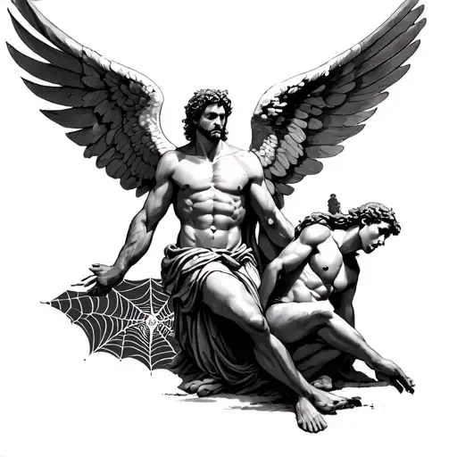 prometheus, eve, socrates, fallen angel, sisyphus, job of the bible in a spider web tattoo design idea