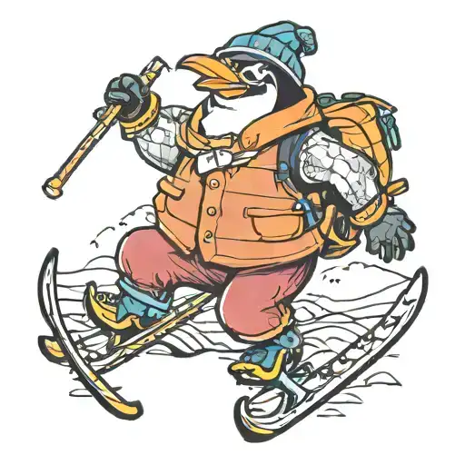 PENGUIN WEARING A VEST GOGGLES HAT WHILE ON SKIS HOLDING POLES tattoo design idea
