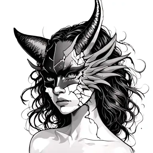 woman wearing broken oni mask split in half tattoo design idea