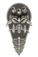 crow family crest with 2 large crows and 4 small crows with celtic cross tattoo design idea