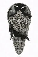 crow family crest with 2 large crows and 4 small crows with celtic cross tattoo design idea