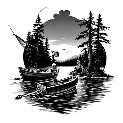 Linework with fishing and lake and boat and beer tattoo design idea