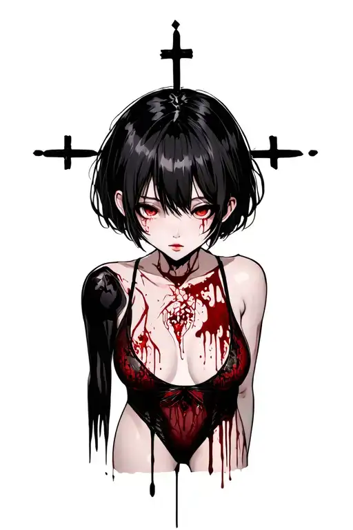 Thin Line, Anime Girl, Cyber Sigilism, Underwear, Dark Aesthetic, Goth, Gore, Blood, Horror, Crosses Tattoo tattoo design idea