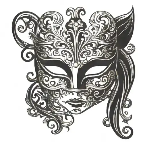 A small, simple outline of a masquerade mask, about 1 to 2 inches wide. The mask should have curved edges, with a subtle tattoo design idea