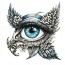 blue eye with fallen angel tattoo design idea