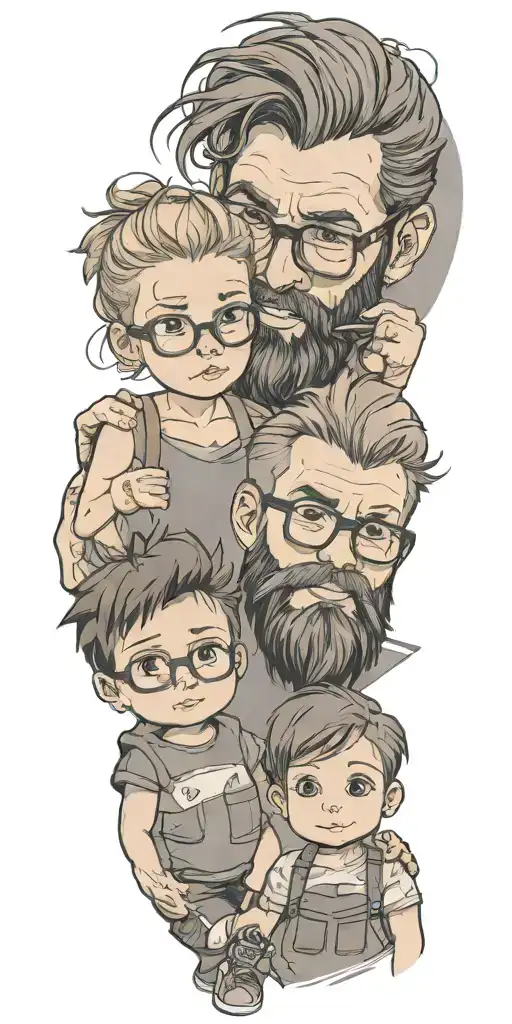 family representing a rugged loving woodworking bearded dad, creative silly woman with glasses, a shorthair toddler girl tattoo design idea