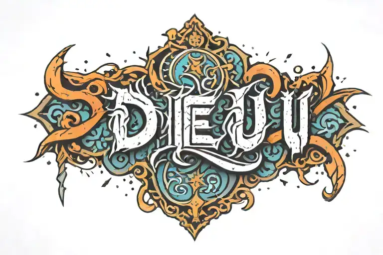 Bold lettering of 'DIE4U' in sharp, jagged, and metallic typography with a distressed texture. tattoo design idea