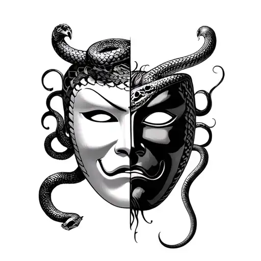 Create a drama mask split in the middle, half happy half sad. And then have a snake weave between the mask. tattoo design idea