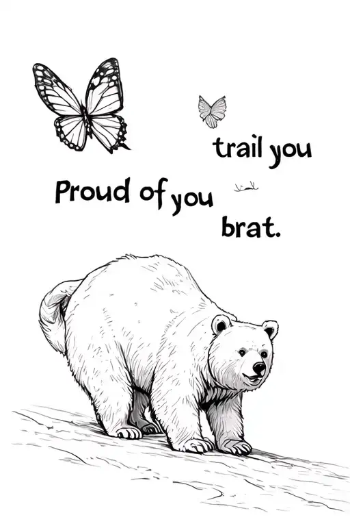 pencil sketch bear chasing a butterlfy and the trail of the butterfly is saying proud of you brat tattoo design idea
