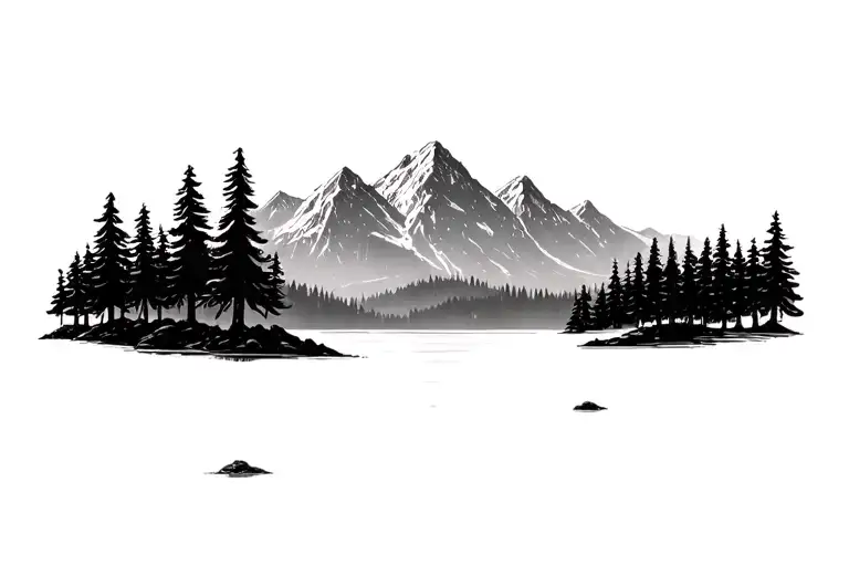mountains with a few big trees and lake in foreground tattoo design idea