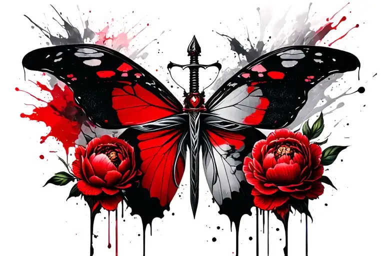 a gothic-style butterfly with a thin sword replacing the butterfly's body and a peony on each side of the butterfly tattoo design idea