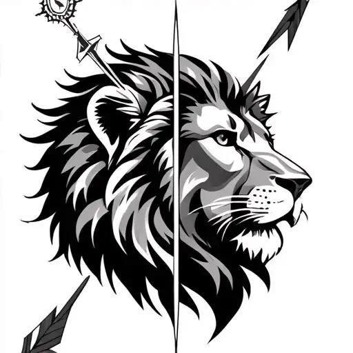 left side half compass, middle arrow, right side half lion face tattoo design idea