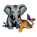 elephant sitting next to a tiger and butterfly resting tattoo design idea