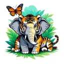 elephant sitting next to a tiger and butterfly resting tattoo design idea