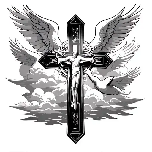 Religious, cross, clouds, bible verse, Arch angel Micheal's Sowrd, doves on forearm tattoo design idea