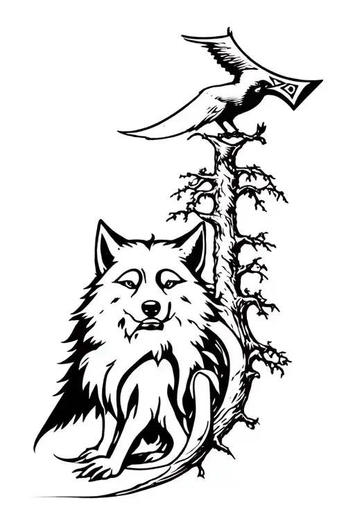 optical illusion intertwining vigvesir a wolf Odin a tree of life a crow and the viking axe tattoo design idea