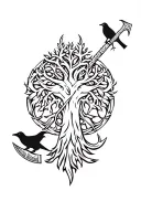 optical illusion intertwining vigvesir a wolf Odin a tree of life a crow and the viking axe tattoo design idea