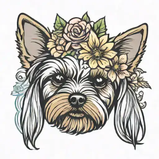 yorkie dog face half with flower bouquet tattoo design idea