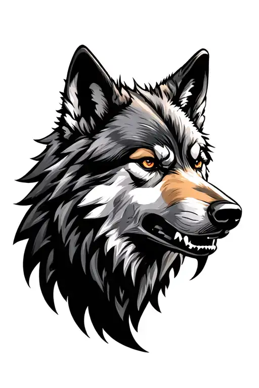 agressive wolf head looking to the right tattoo design idea