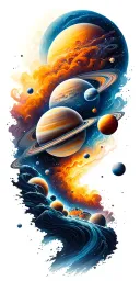 a universe with alot of planets flowing down a nebula, the planets are inside the river tattoo design idea