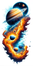 a universe with alot of planets flowing down a nebula, the planets are inside the river tattoo design idea