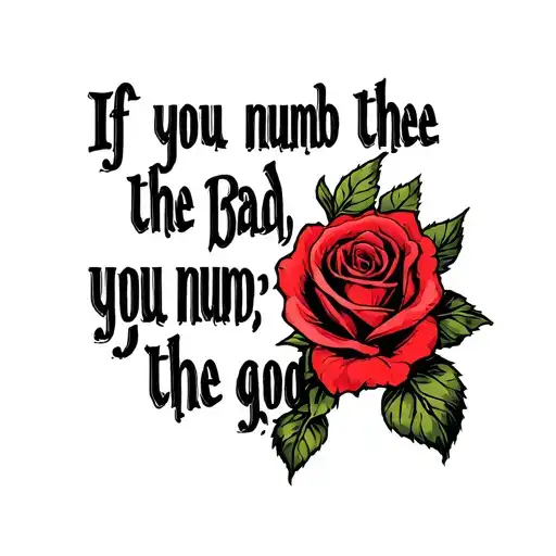 a quote saying "if you numb the bad, you numb the good" with roses thruogh it tattoo design idea
