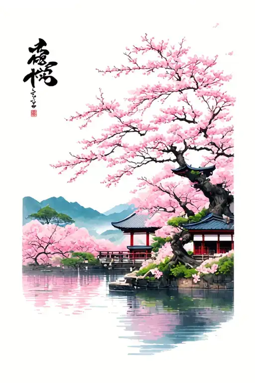 Japanese scenery featuring cherry blossom  tattoo design idea
