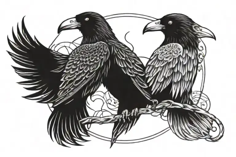 Hugin munin raven holding ying and yang koi fish tattoo design idea