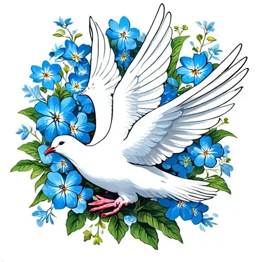 white dove holding forget me not flowers tattoo design idea