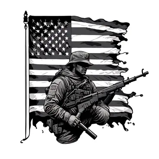 Military Full Sleeve with American Flag primarily black tattoo design idea
