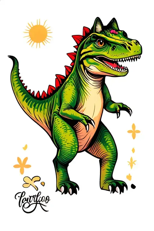 cute dinosaur walking a cat tattoo design idea