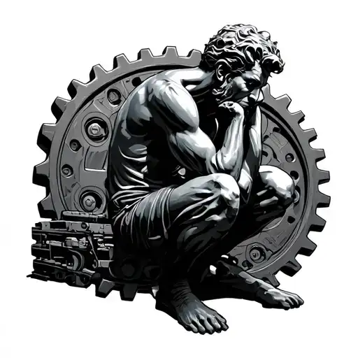 the thinker statue with gears in the background  tattoo design idea