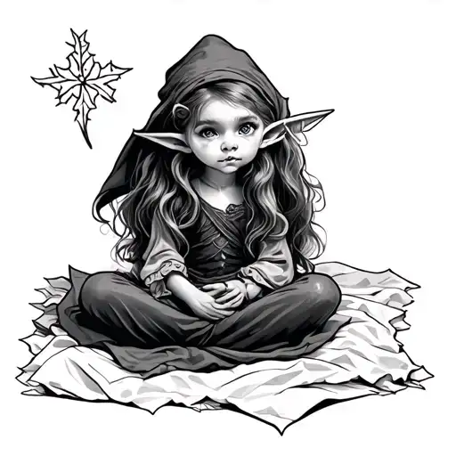 Sitting elf on a sheet tattoo design idea
